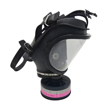 Black gas mask with a clear facepiece on a white background