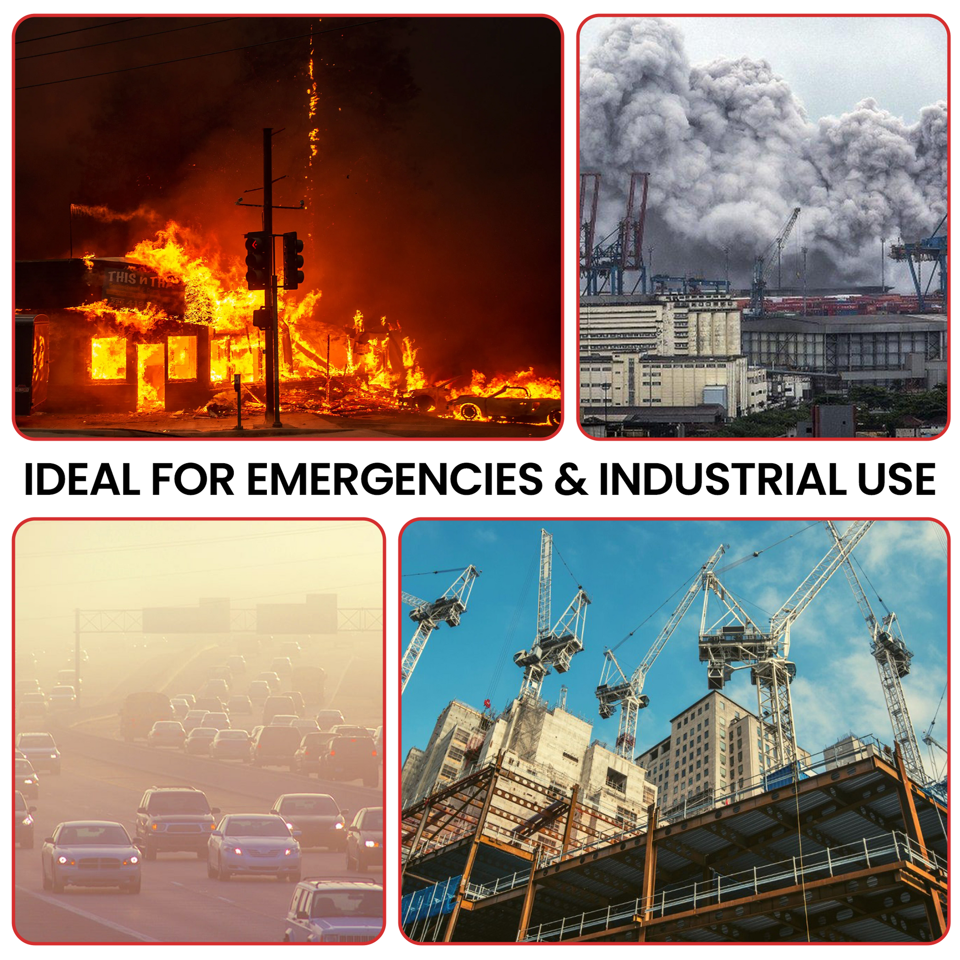 Collage of images including a fire, industrial scene, traffic, and construction cranes with text 'IDEAL FOR EMERGENCIES & INDUSTRIAL USE'.
