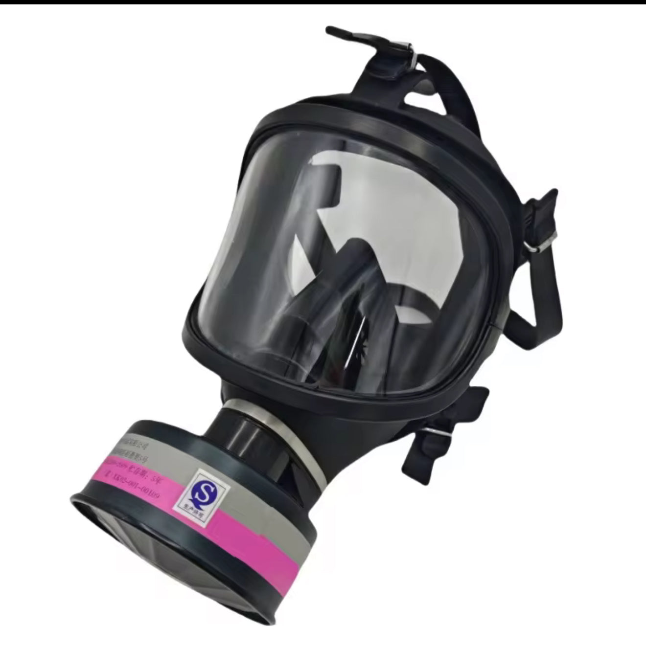 Black full-face safety mask with clear visor on a white background