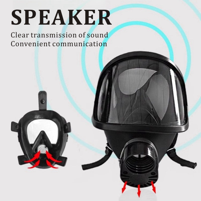 Black gas mask with sound transmission features on a white background