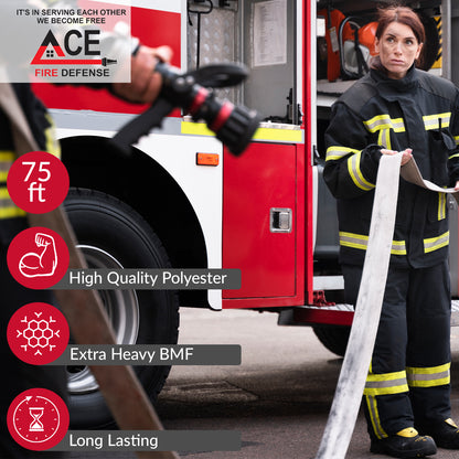Firefighter standing next to a fire truck with product features highlighted.