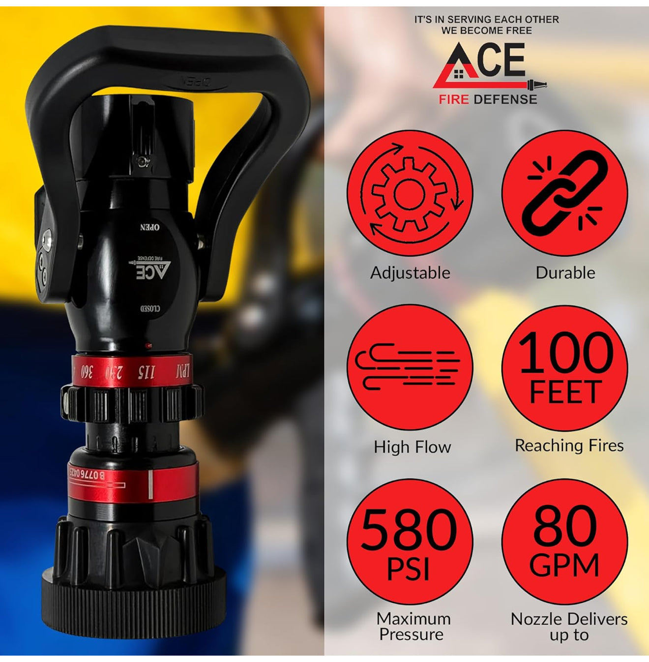 Fire hose nozzle with ACE Fire Defense branding and feature highlights on a blurred background.