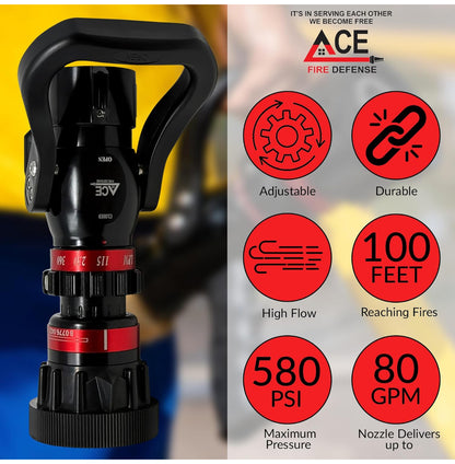 Fire hose nozzle with ACE Fire Defense branding and feature highlights on a blurred background.