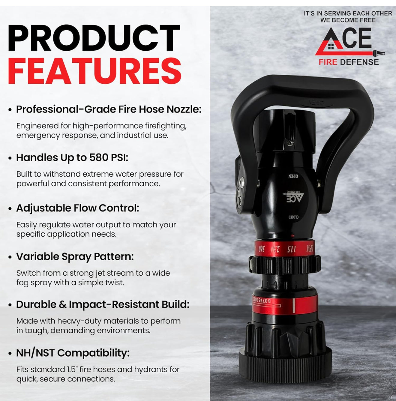 Fire hose nozzle with ACE Fire Defense branding and product features listed on the left.