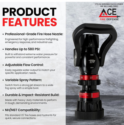 Fire hose nozzle with ACE Fire Defense branding and product features listed on the left.