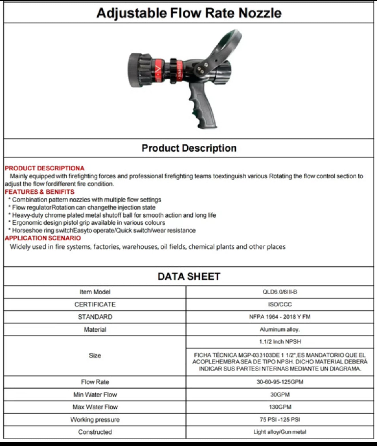 Adjustable flow rate nozzle with product description and data sheet on a white background