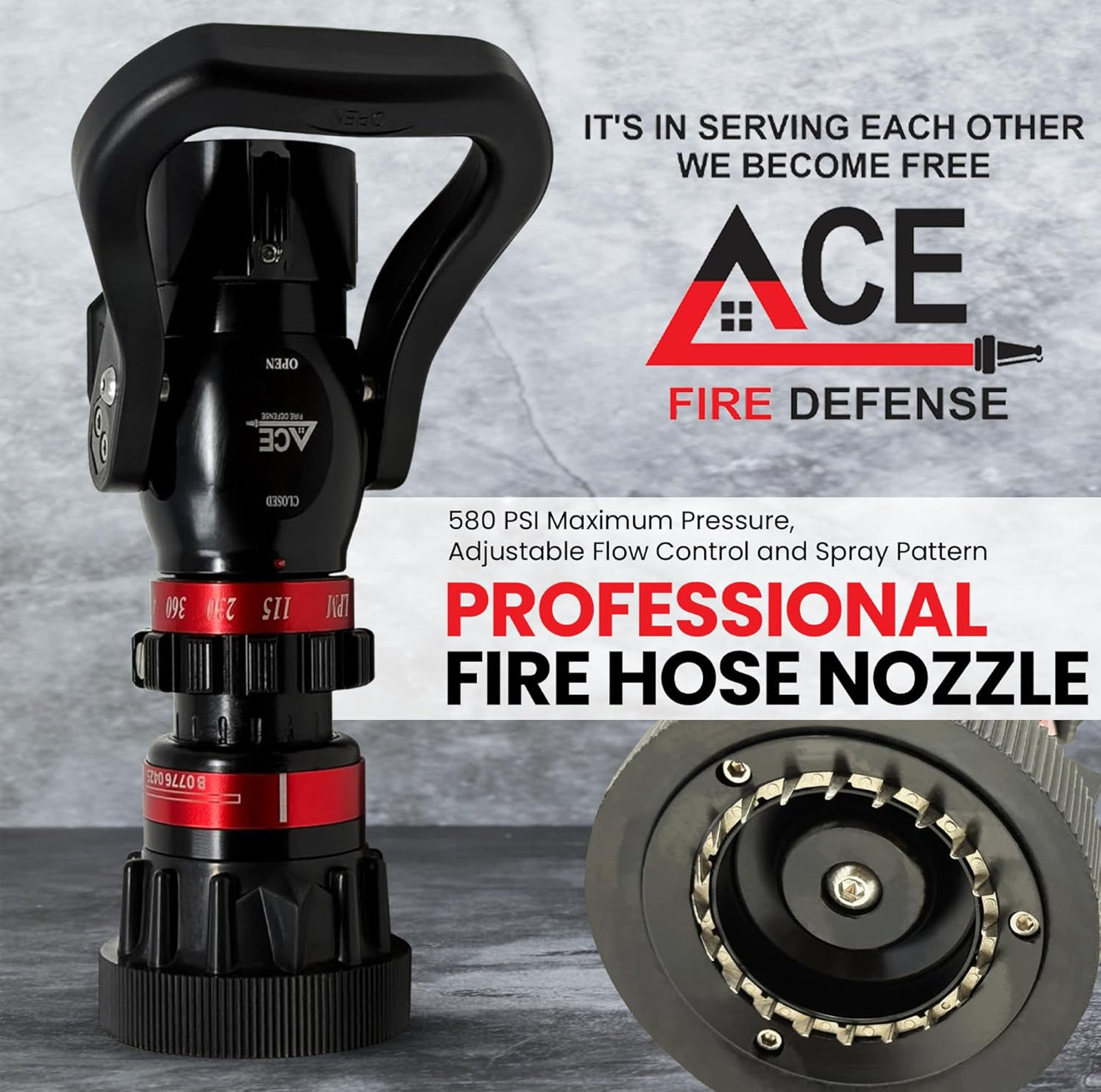 Professional fire hose nozzle with ACE Fire Defense branding and product details.