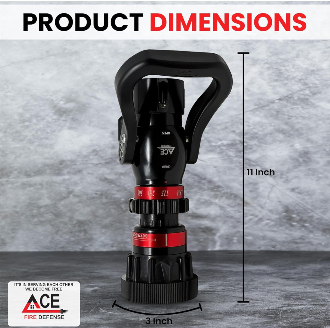 Fire sprinkler head with dimensions labeled on a gray background, featuring the ACE Fire Defense logo.