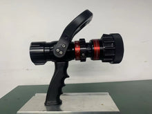 Fire hose nozzle on a stand with a white background