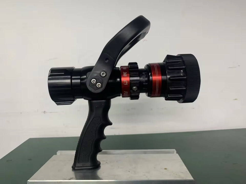 Fire hose nozzle on a stand with a white background