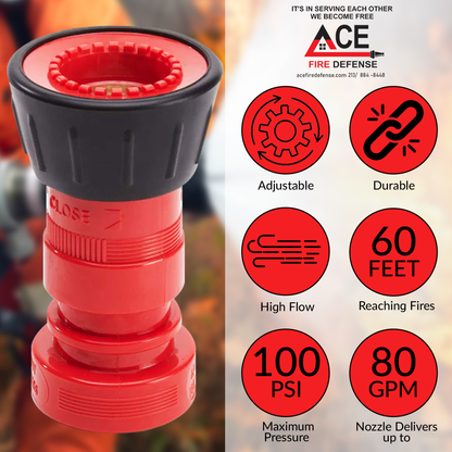 Red fire hose nozzle with ACE Fire Defense branding and product features on a blurred background