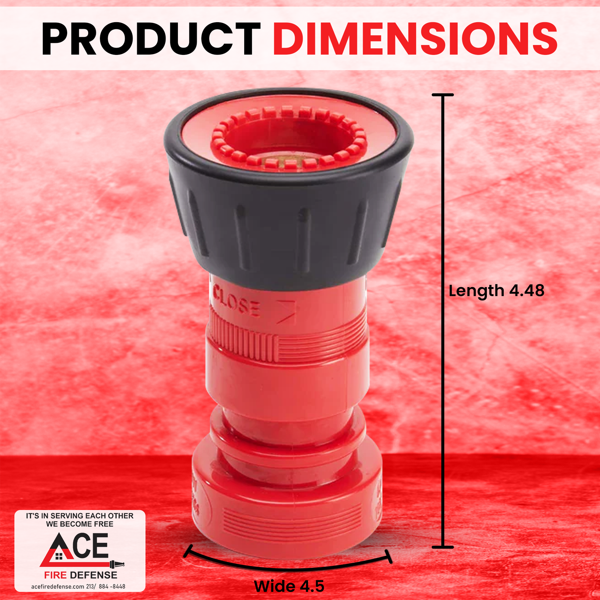 Red fire hose nozzle with dimensions on a red background, featuring the Ace Fire Defense logo.