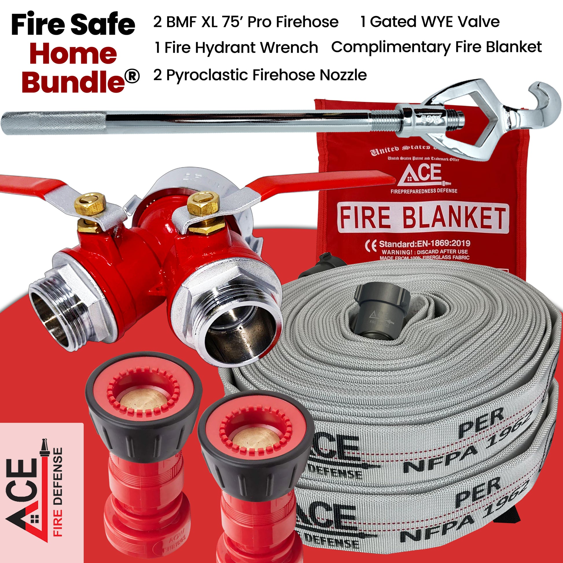 Fire safety home bundle with fire hose, nozzle, valve, and blanket on a red background