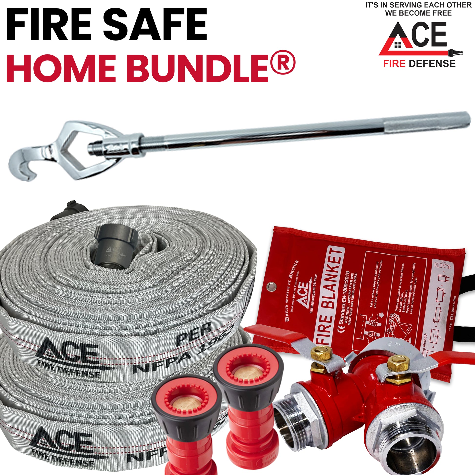 Fire safety home bundle with hose, nozzles, and blanket on a white background