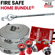 Fire safety home bundle with hose, nozzles, and blanket on a white background