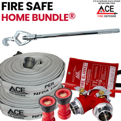 Fire safety home bundle with hose, nozzles, and blanket on a white background