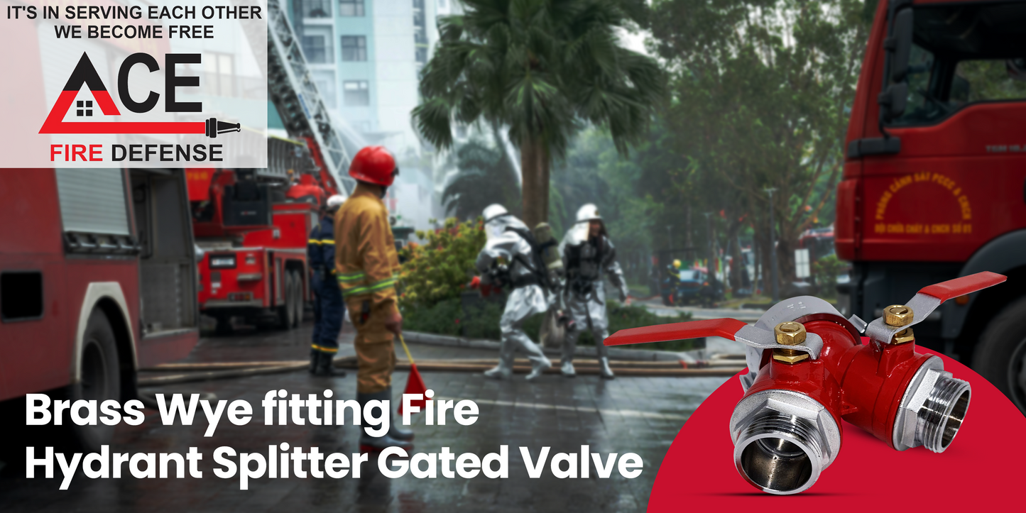 Firefighters at a fire scene with ACE Fire Defense branding and a brass wye fitting fire hydrant splitter gated valve in the foreground.