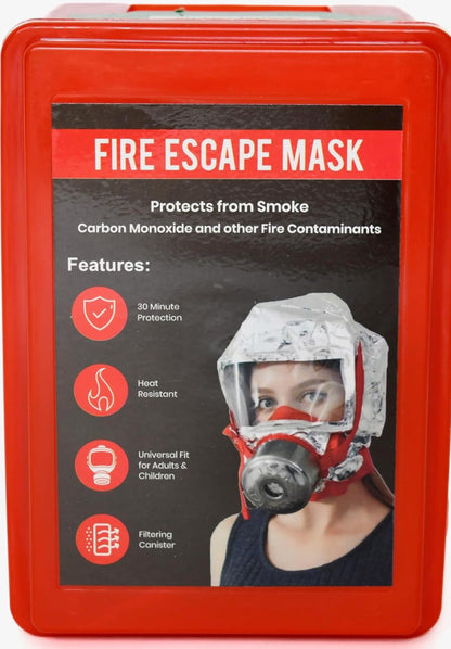 A red plastic box containing a fire escape mask with a gray filter, designed to protect against smoke and other fire contaminants, featuring text and an image of the mask on a person.