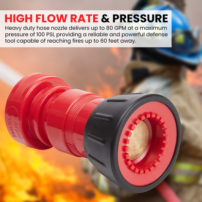 Red and black hose nozzle with firefighter in background and text about high flow rate and pressure.