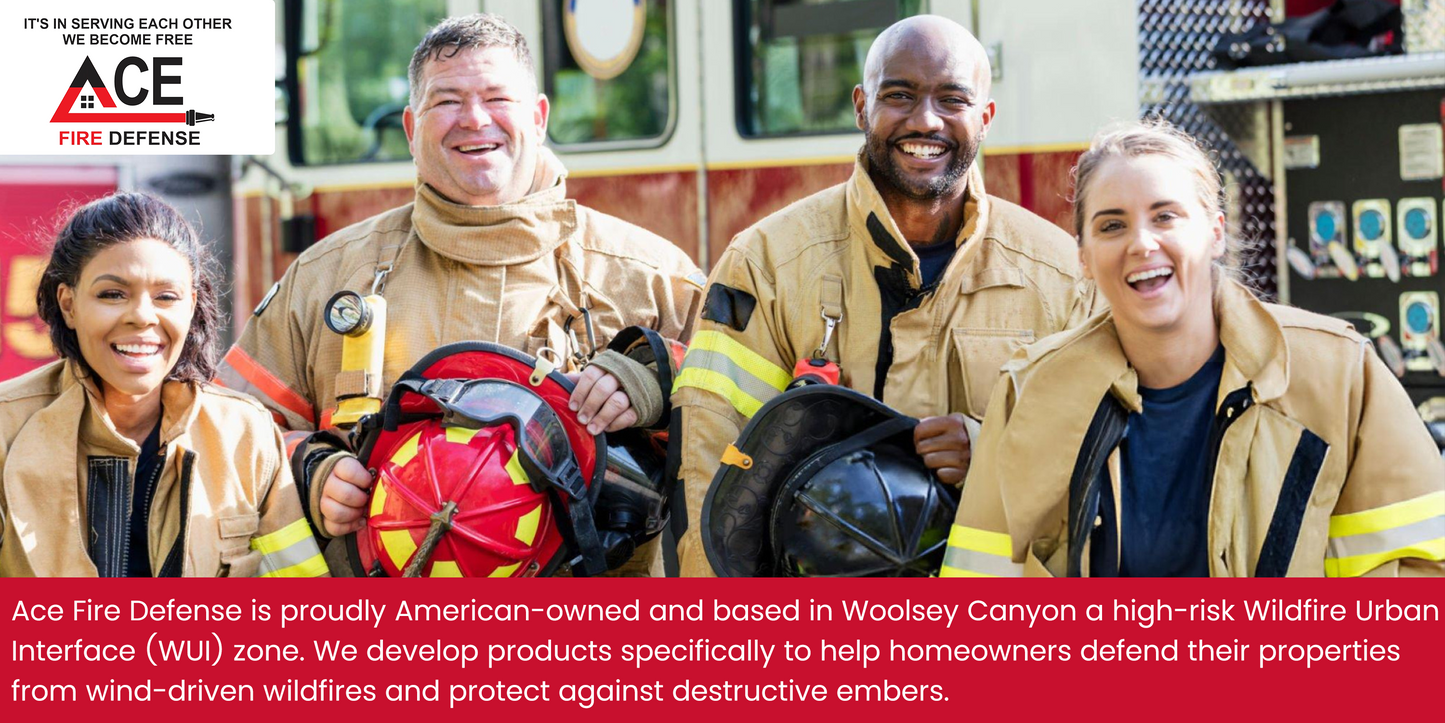 Four firefighters posing with gear, with Ace Fire Defense logo and text about wildfire defense.