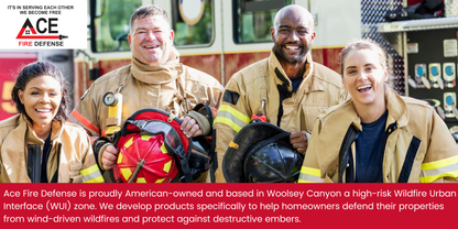 Four firefighters posing with gear, with Ace Fire Defense logo and text about wildfire defense.