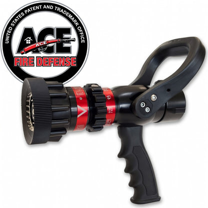 Fire hose nozzle with ACE Fire Defense logo on a white background