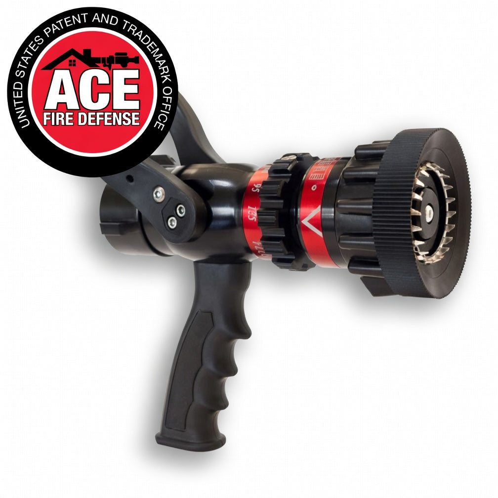 Fire hose nozzle with ACE Fire Defense logo on a white background