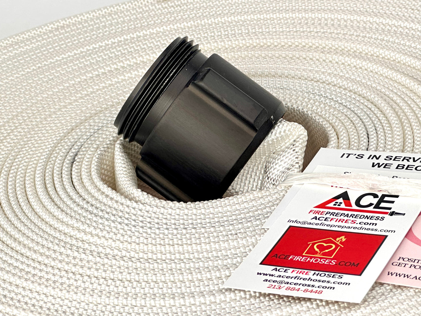 Fire Hose new improved Coiled, Pyro-Lite Aluminum Couplings, 75' x 1.5" TPU Lining, FM Approved.