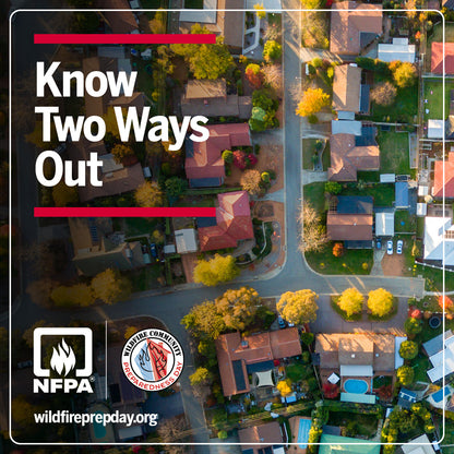 Aerial view of a residential area with houses and streets, overlaid with text 'Know Two Ways Out' and NFPA logos.