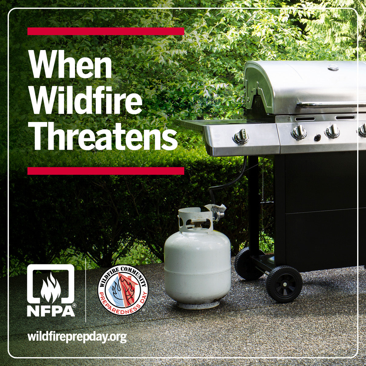 Grill with propane tank on a patio, with text about wildfire threats and NFPA branding.