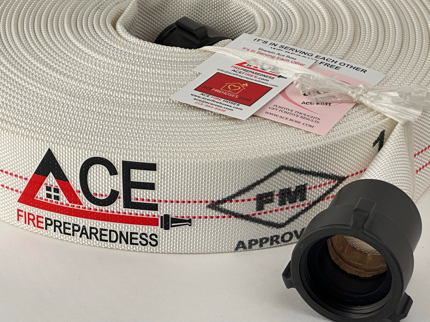 High Quality Home Defense Fire Hose
 75’ x 1.5” coiled, NH Aluminum Couplings, TPU Lining, FM Approved for occupant use.