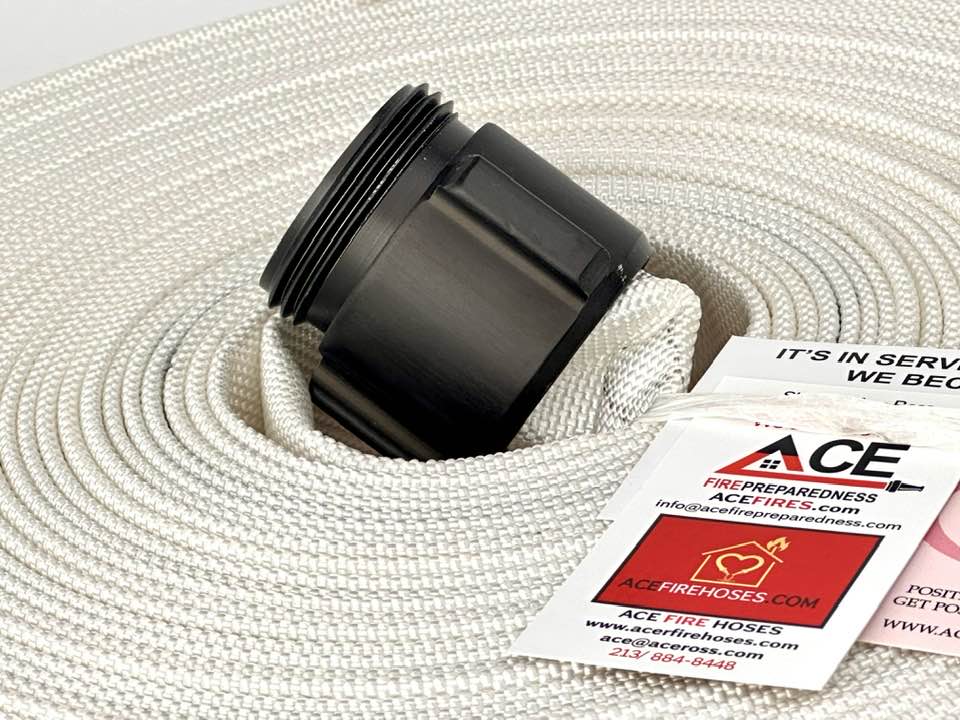 Defense Fire Hose 75’ x 1.5”  (2 pack), Folded, NH Aluminum Couplings, TPU Lining, FM Approved for occupant use.