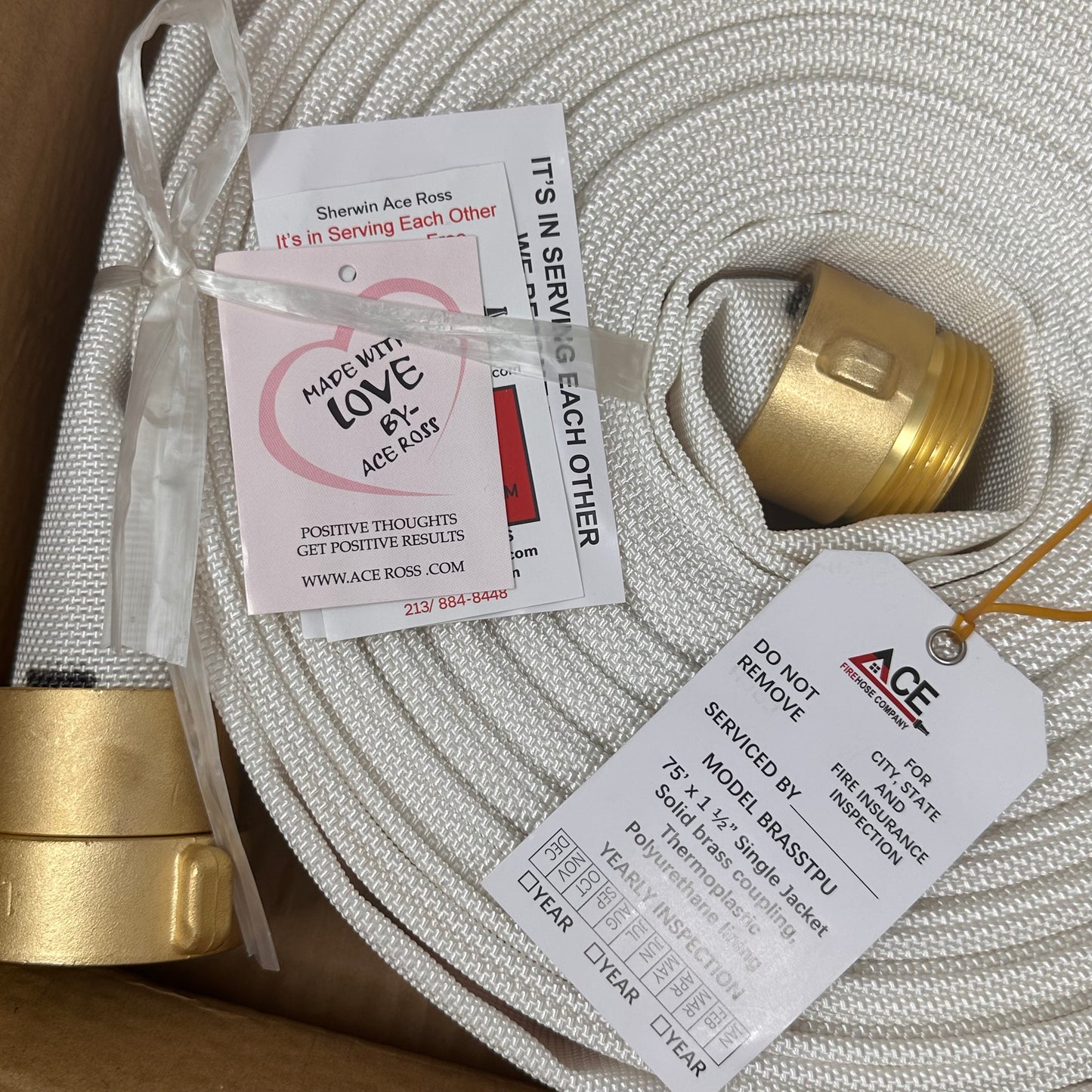 High Quality Home Defense Fire Hose
 75’ x 1.5”, Folded, NH Brass Couplings, TPU Lining, FM Approved for occupant use.
