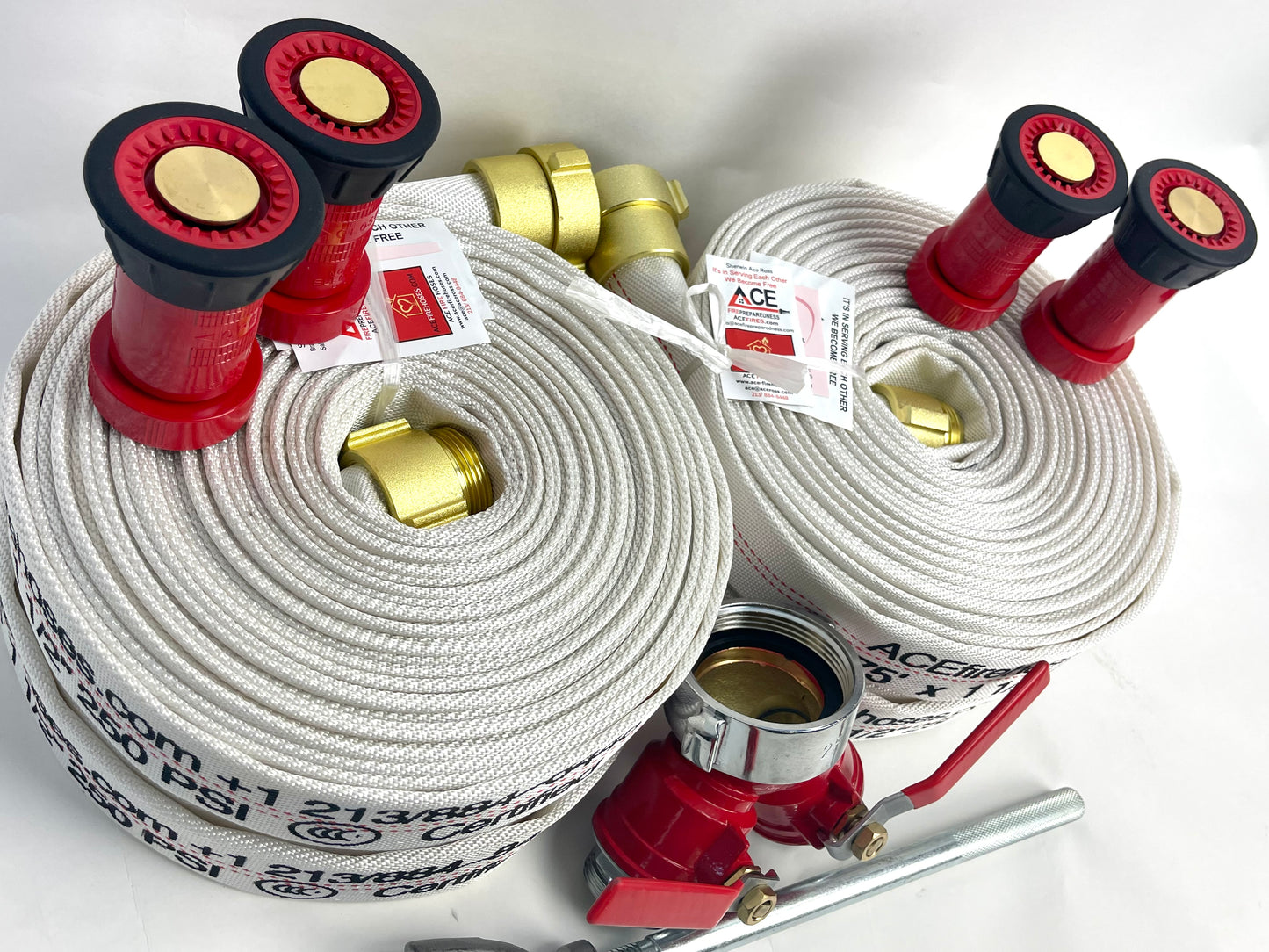 Fire-Safe Home Bundle Package 4 75' x 1.5" hoses, 4 nozzles, valve, wrench FM Approved