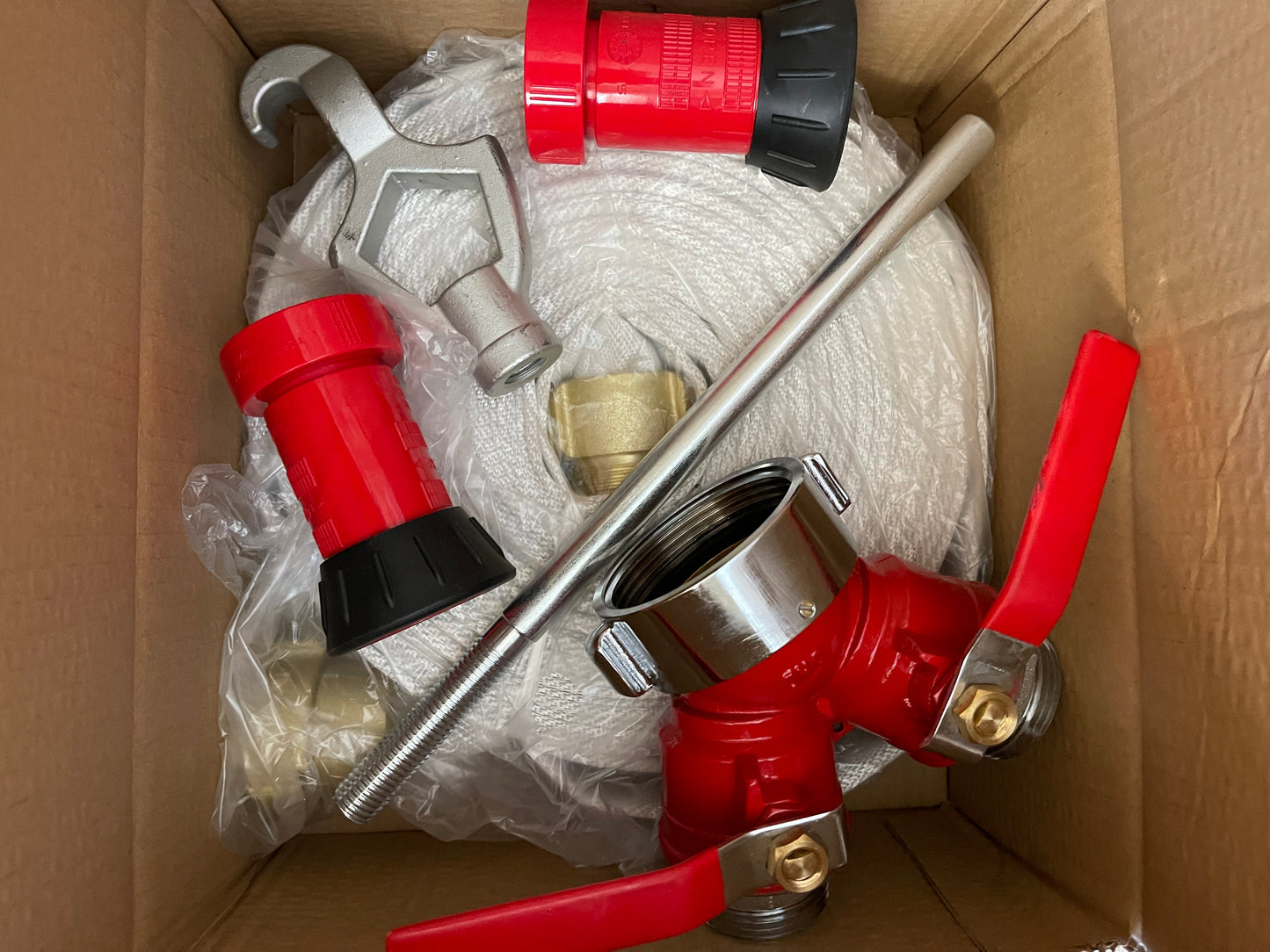 Fire Hose (2 pack) Bundle with Fire Hydrant Connector includes hydrant valve,wrench  and 2 nozzles.